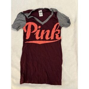 Victoria's Secret Pink Burgundy V Neck Short Sleeve T Shirt Top Size S